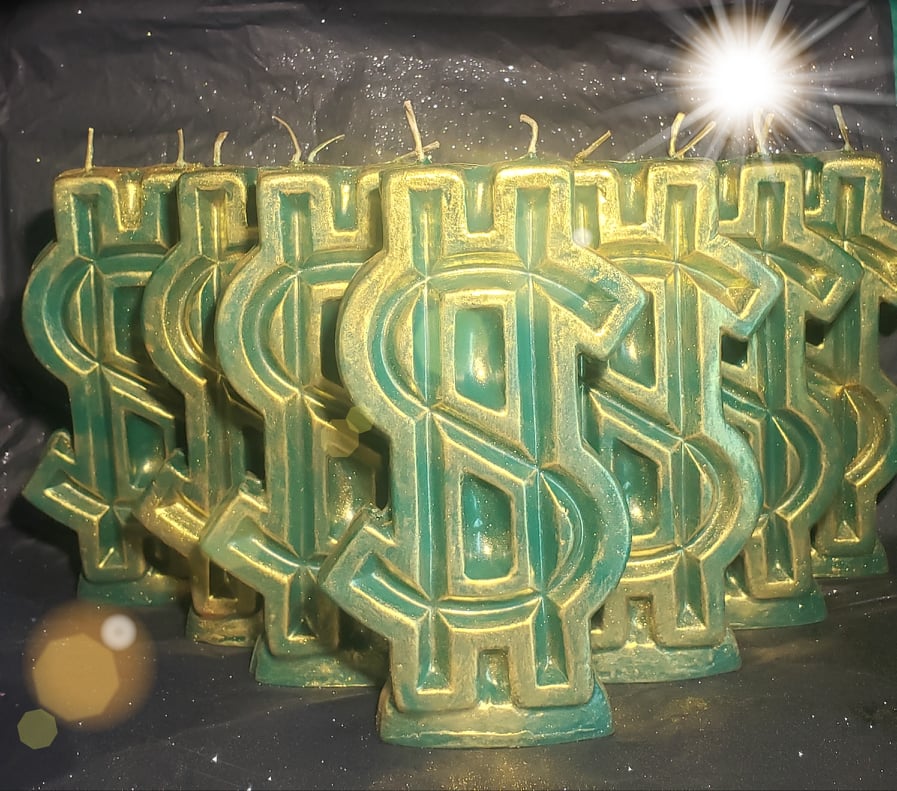 Money Big Dollar Sign Candle - GREEN W/ GOLD DUSTING